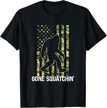 Gone Squatchin' Funny Bigfoot American Flag Camo Sasquatch T-Shirt for Women Kids Men