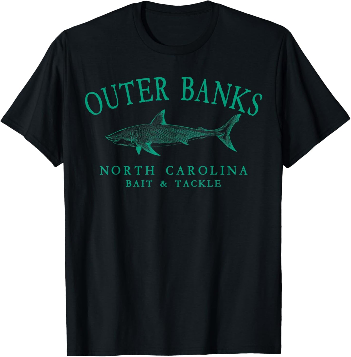 Outer Banks North Carolina Shark Retro Arched Teal Letters T-Shirt