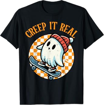 Creep It Real Skater Ghost Halloween Boys Kids Teen Youth T-Shirt