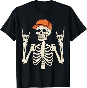 Rocker Skeleton Rock On Hand Halloween Skeleton Men Boys Kid T-Shirt