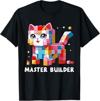 Master Builder Building Blocks Brick Cat Lover Girls Boys T-Shirt