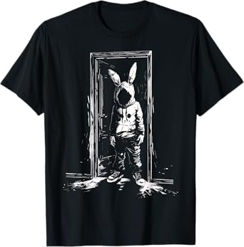 Horror Bunny Mask Man Rabbit Alt Goth Slasher Creepy Door T-Shirt
