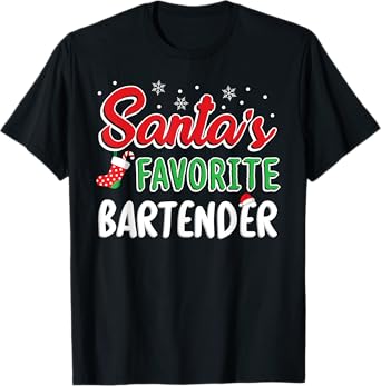 Santa's Favorite Bartender T Shirt Cute Xmas Party Drinking T-Shirt