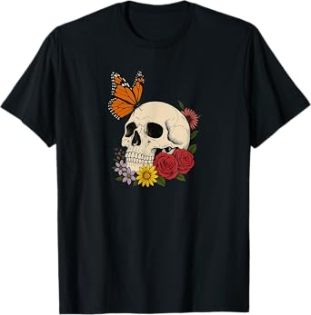 Skulls Monarch Butterfly Flowers Halloween Men Women T-Shirt
