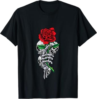 Skeleton Hand Red And Beautiful Rose Flower And Skulls Art T-Shirt
