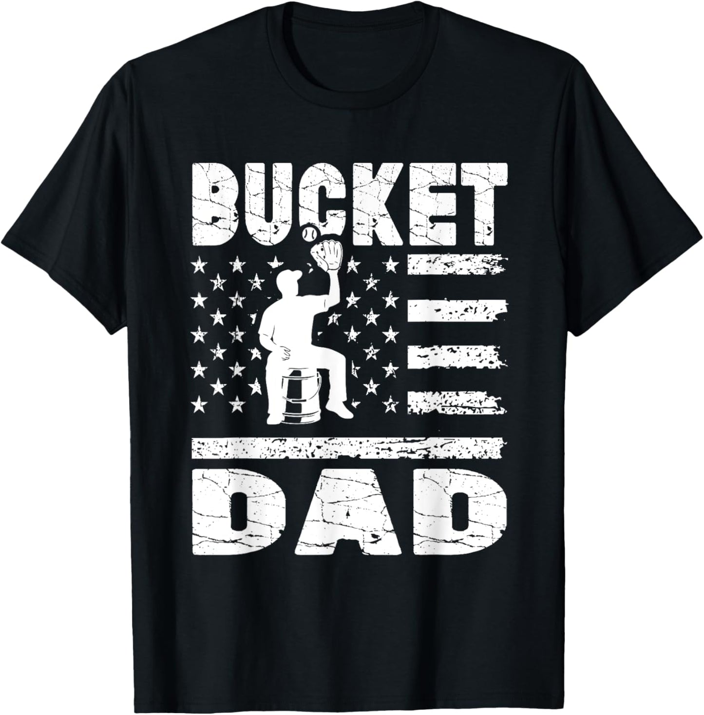 Bucket Dad Baseball Coach Vintage American Flag Father's Day T-Shirt