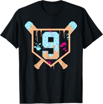 Baseball 9 Year Old Ice Cream Drip 9th Birthday Boy Number 9 T-Shirt