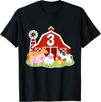 3rd Birthday Farm Animals Bday Party 3 Years Old Boy Toddler T-Shirt