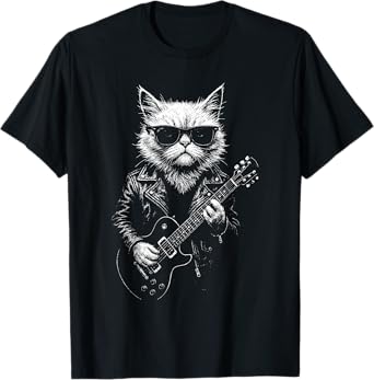 Funny Rockstar Cat Playing Guitar Cool Musician Grunge T-Shirt for Men Women Kids