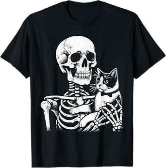 Skeleton Holding A Tuxedo Cat Lazy Halloween Costume Skull T-Shirt for Men Women Kids