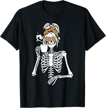 Skeleton Messy Bun Coffee Drinking Halloween Costume Women T-Shirt