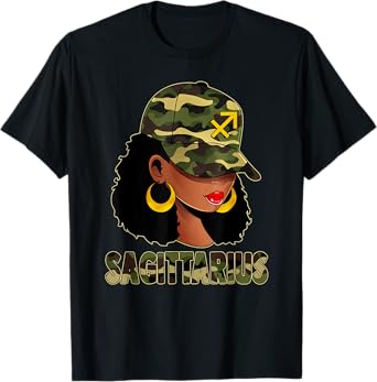 Sagittarius Queen Camouflage Black Woman Cap Zodiac Sign T-Shirt