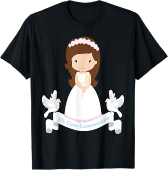 First Communion Shirt Kids Rosary Girls Daughter Brown Hair T-Shirt