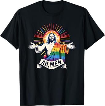 Ah Men Funny LGBT Gay Pride Jesus Rainbow Flag Christian T-Shirt