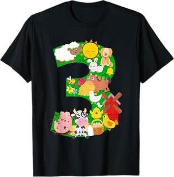 Farm Animals 3 Three Year Old Kids 3rd Birthday Party Farmer T-Shirt