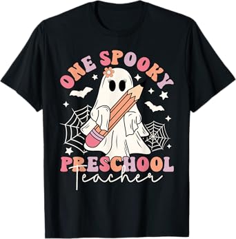 One Spooky Preschool Teacher Ghost Retro Halloween 2024 T-Shirt