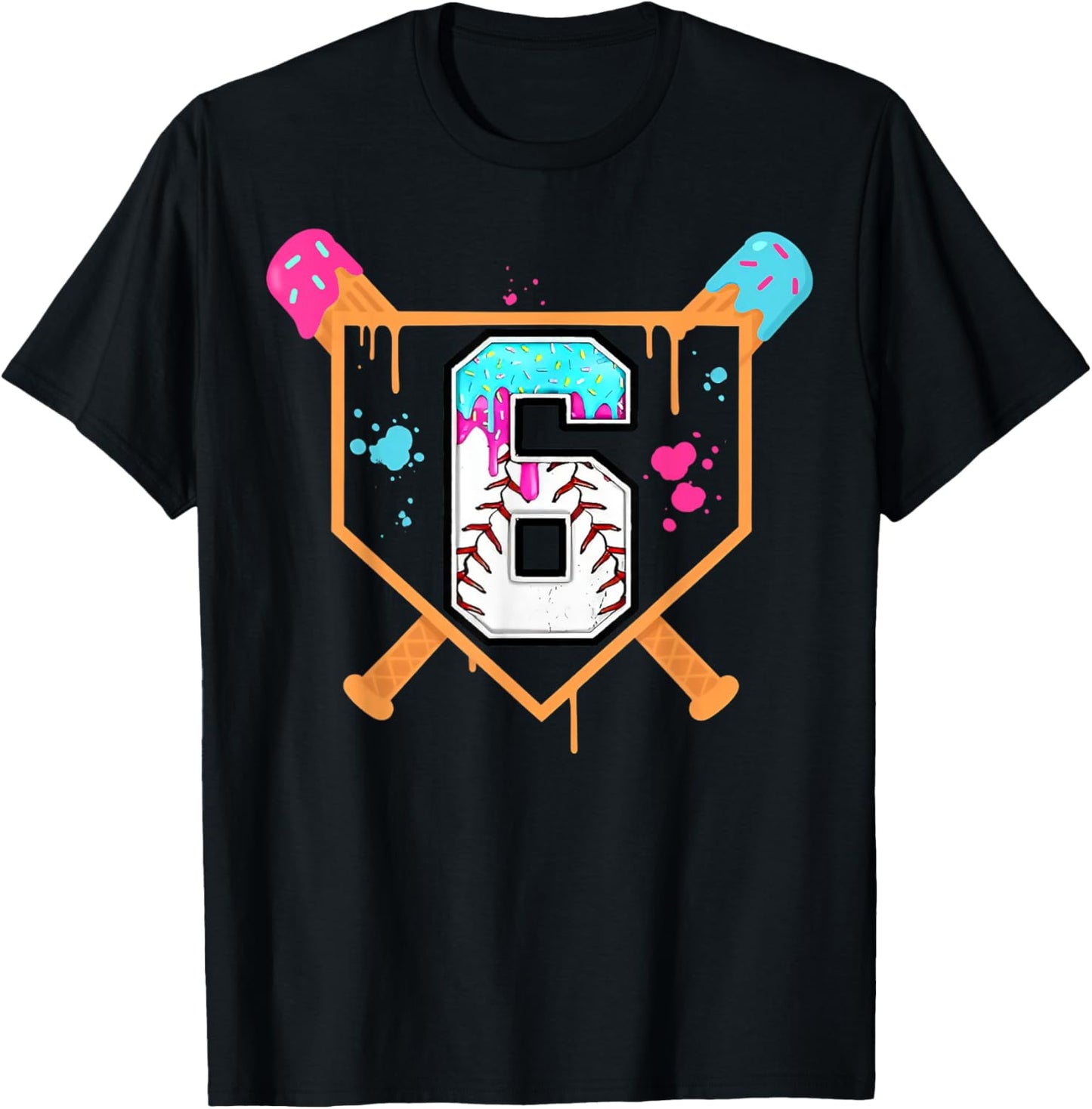 Baseball 6th Birthday Ice Cream Drip 6 Year Old Birthday Boy T-Shirt