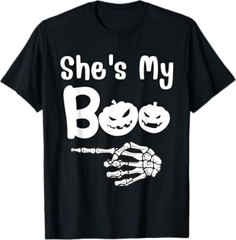 She's My Boo Pumpkin Skull Matching Halloween Pajama Couples T-Shirt