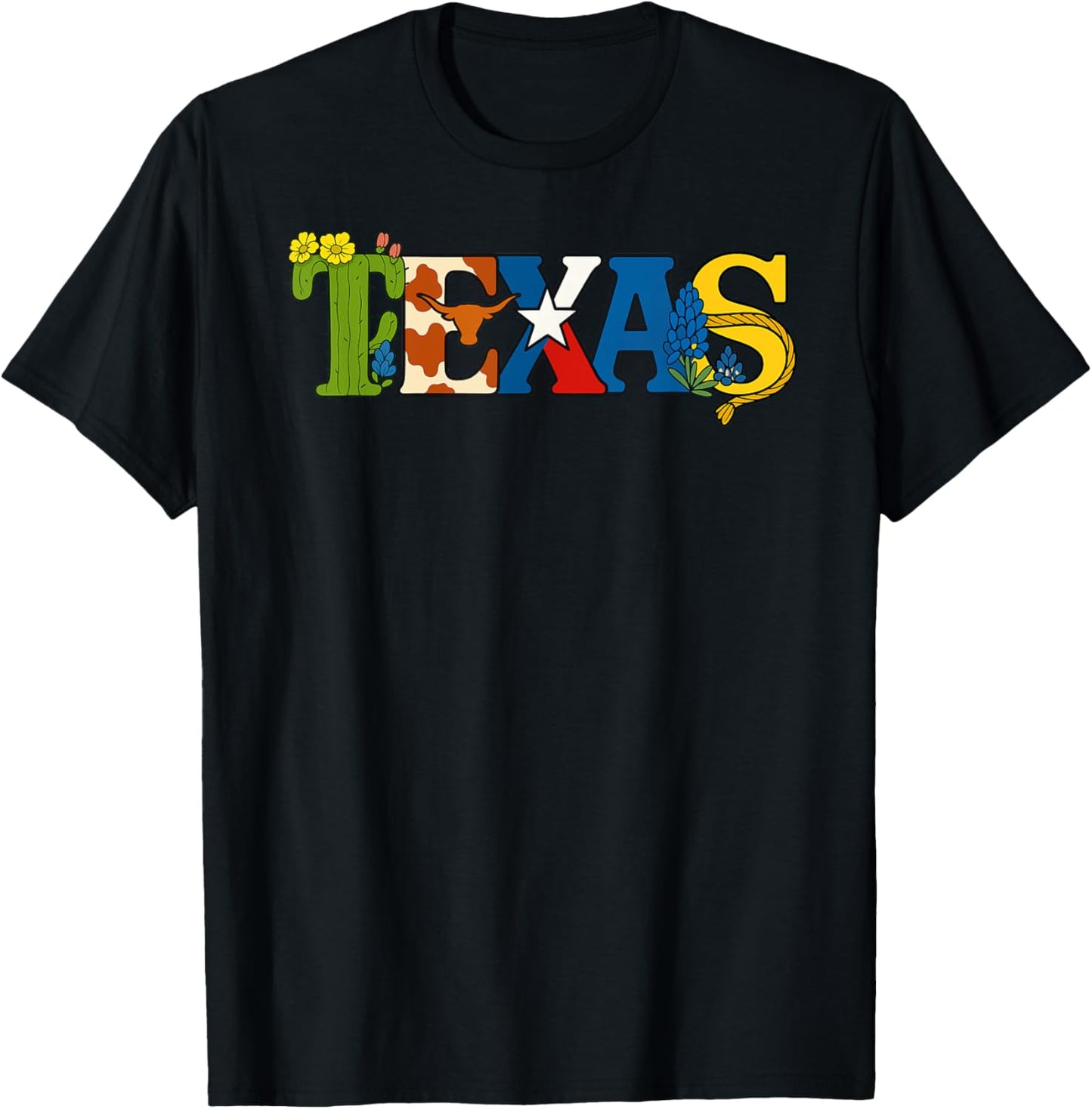 Texas Icon Text Design- Cactus, Cowhide, Flag, & Bluebonnets T-Shirt