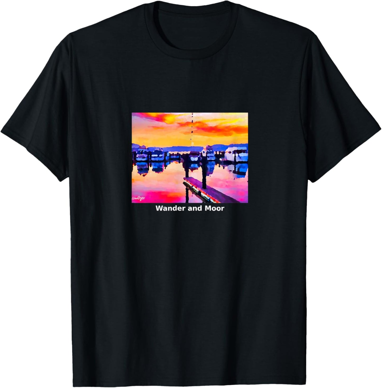 Boat tee, nautical, harbor scene, caption Wander and Moor T-Shirt