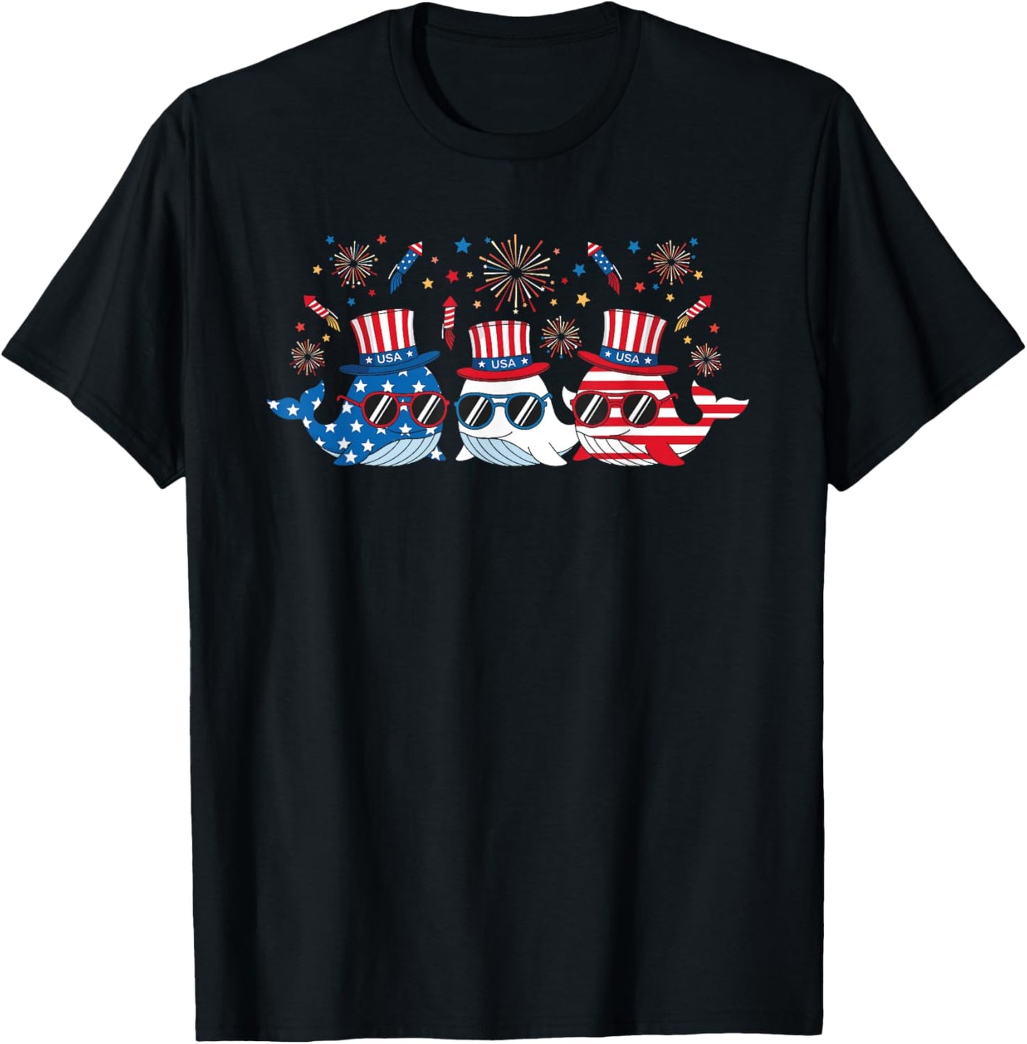 Funny Fireworks Whale American Usa Flag 4th Of July T-shirt