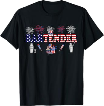 Bartender Costume Proud 4th Of July American Flag Fireworks T-Shirt