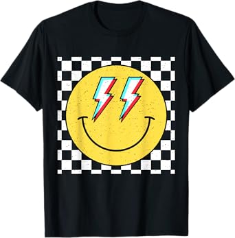 Retro Smile Face Checkered Pattern Preppy Happy Face Trendy T-Shirt