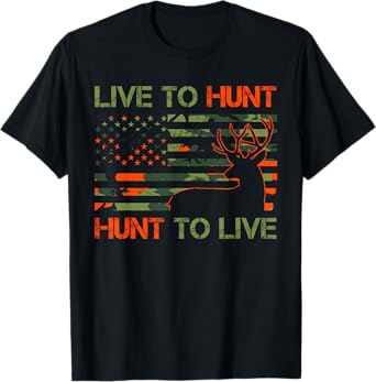 Live to Hunt Whitetail Buck Camo American Flag Deer Hunting T-Shirt