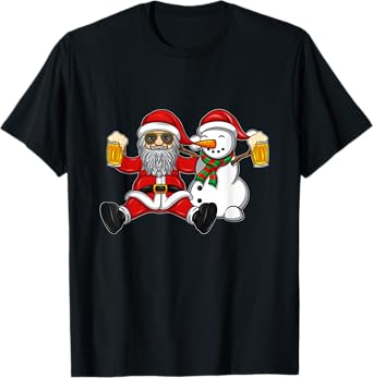 Beer Drinking Santa and Snowman T-Shirt