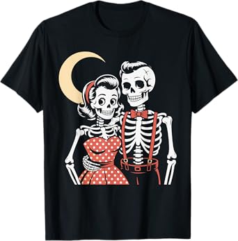 Vintage Halloween Skeleton Couple in Love 1950s Style Moon T-Shirt