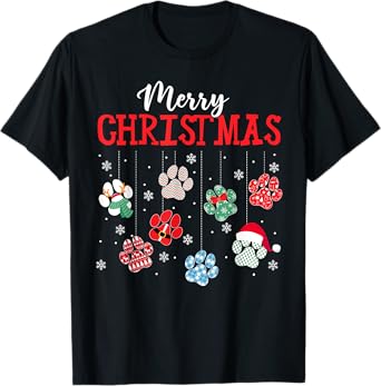 Merry Christmas Dog Paws Lights Funny Xmas Womens Kids T-Shirt