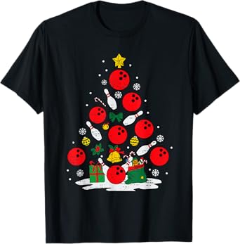 Bowling Christmas Tree Lights Xmas Bowler Sport Men Boy Kids T-Shirt