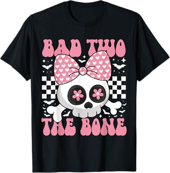 Bad Two The Bone Skull with Pink Bow for Halloween T-Shirt
