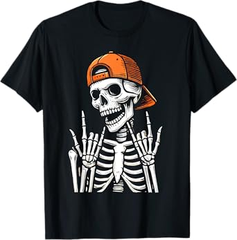 Halloween Rocker Skeleton Cap Skater T-Shirt