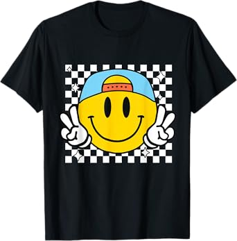 Yellow Smile Face Cute Checkered Peace Smiling Happy Face T-Shirt