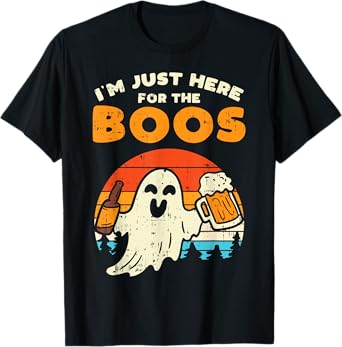 Just Here For Boos Retro Ghost Drink Beer Halloween Costume T-Shirt