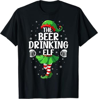 Beer Drinking Elf Christmas Girl Women Elf Squad Xmas Family T-Shirt
