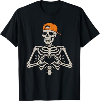 Skeleton Heart Hands Pose Halloween Love Funny Men Women Kid T-Shirt