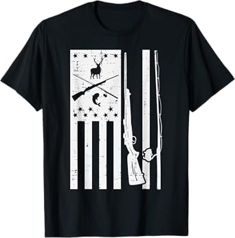 White US Flag Rifle Fishing Rod Fish Deer Hunting Patriotic T-Shirt