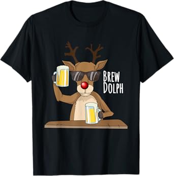 Funny Christmas alcohol shirt. Brew Dolph beer drinking deer T-Shirt