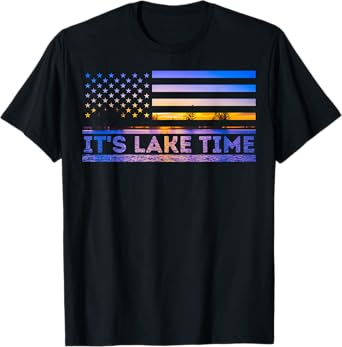 It's Lake Time Sunset American Flag Summer Vacation Fishing T-Shirt