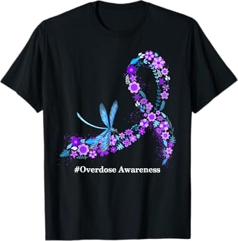 Dragonfly Floral Overdose Awareness Purple Ribbon T-Shirt
