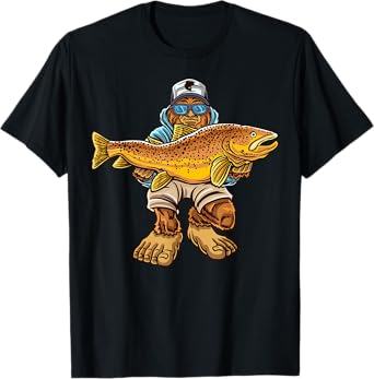 Brown Trout River Fishing Bigfoot Hunting Fishermen T-Shirt