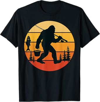Retro Bigfoot Sasquatch Fishing Funny Gifts Dad Men Boy Kids T-Shirt