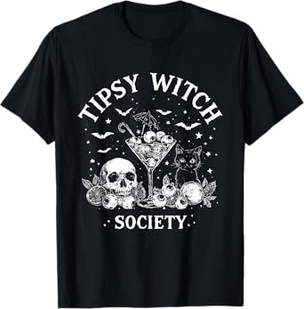 Tipsy Witch Society Funny Halloween Drinking Witch Cat T-Shirt