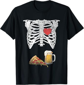 Dad Skeleton Halloween Beer Pizza Funny Pregnancy Couple Men T-Shirt