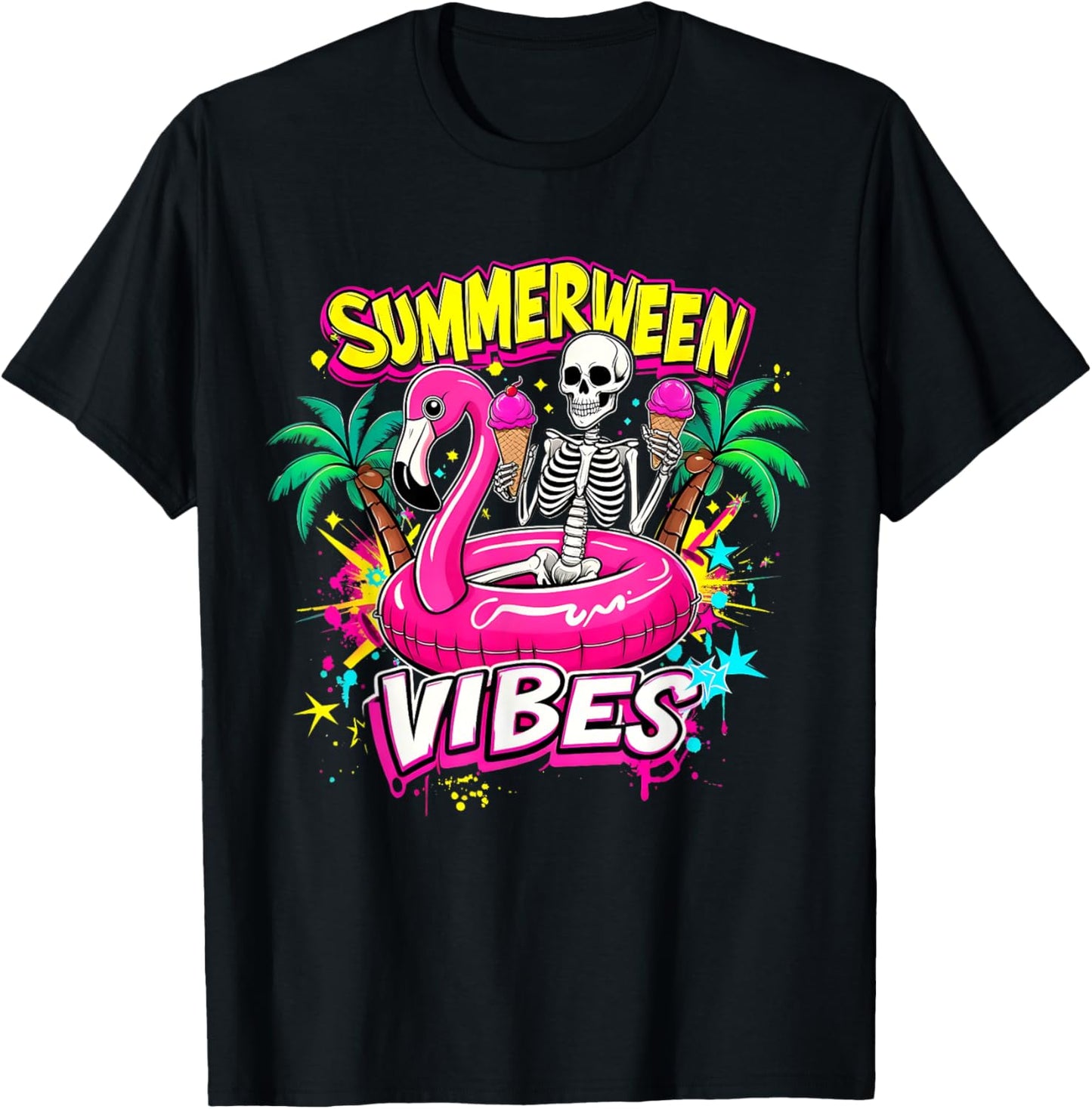 Funny Skeleton Summerween Vibes Flamingo Pool Ice Cream T-Shirt