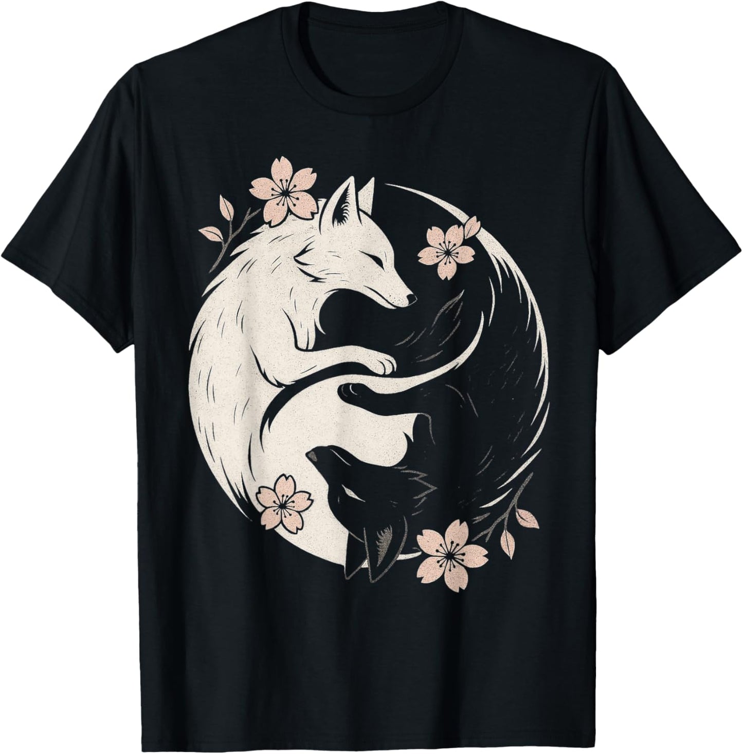 Kitsune Yin Yang Fox In Sakura Flower Blossom T-Shirt