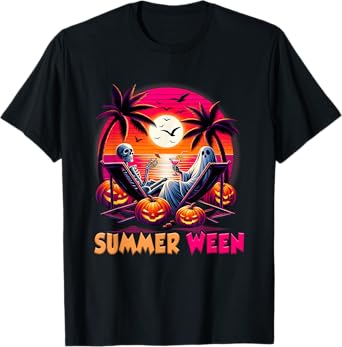 Skeleton Summer-ween Beach Halloween Vibe Sunset Party T-Shirt