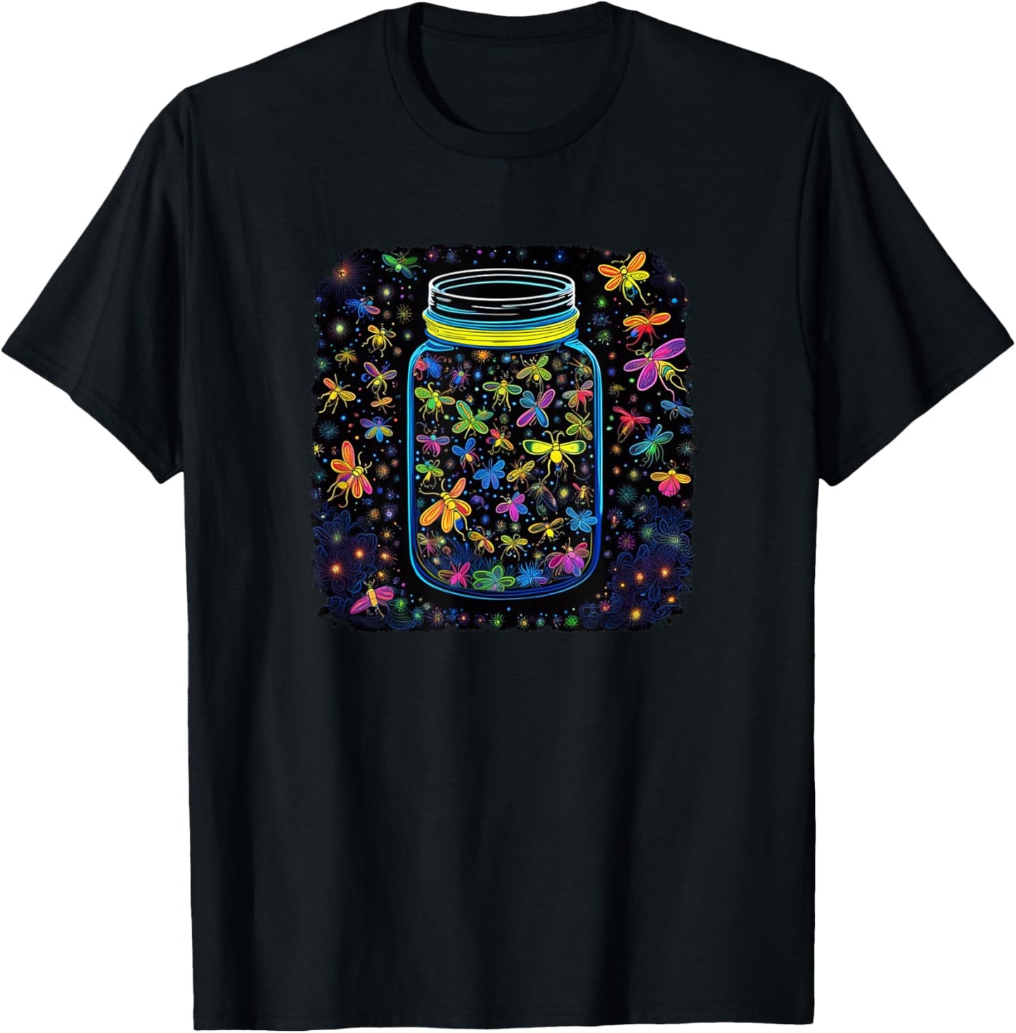 Psychedelic, Trippy, Black Light Fireflies in a Jar Art T-Shirt